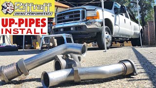 2001 F350 73  RiffRaff UpPipes Install  Stock up pipes leaking and falling apart JUNK SP [upl. by Heater]